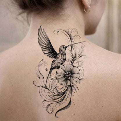 Hummingbird and Flower Tattoo Digital Download Black and White and Color PNG Elegant Nature Realistic Art