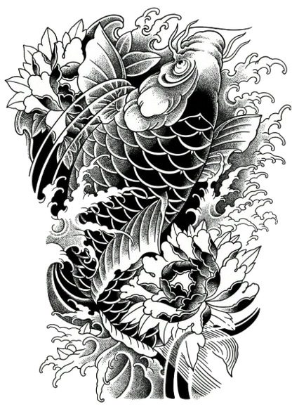 Koi Ascension – Full Back Japanese Tattoo Design | Blackwork Koi Fish with Peonies Waves | Printable Irezumi Tattoo Flash Download Artwork