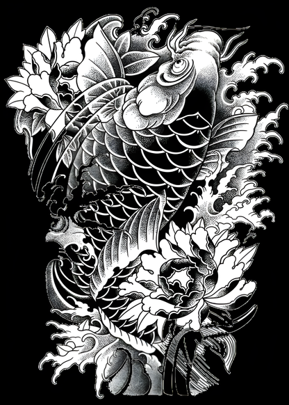 Koi Ascension – Full Back Japanese Tattoo Design | Blackwork Koi Fish with Peonies Waves | Printable Irezumi Tattoo Flash Download Artwork