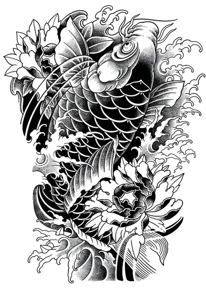 Koi Ascension – Full Back Japanese Tattoo Design | Blackwork Koi Fish with Peonies Waves | Printable Irezumi Tattoo Flash Download Artwork