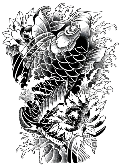Koi Ascension – Full Back Japanese Tattoo Design | Blackwork Koi Fish with Peonies Waves | Printable Irezumi Tattoo Flash Download Artwork