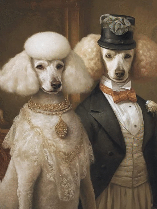 Fancy Dog Poodle Couple - AI Created Gift for Dog Lover - Digital Download Canvas Print Wall Art Poster, Junk Journal Cottage Core DIY Craft