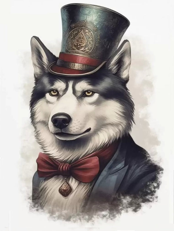 Huskey Wears A Top Hat - AI Created Gift for Dog Lover - Digital Download Canvas Print Wall Art Poster, Junk Journal Cottage Core DIY Craft