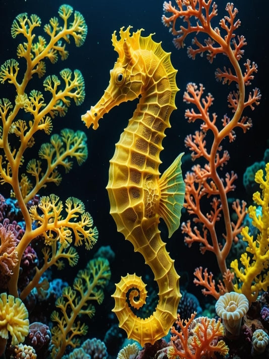 Yellow Green Sea Horse - AI Created Custom Artwork Gift - Digital Download Canvas Print Wall Art Poster, Junk Journal Cottage Core DIY Craft