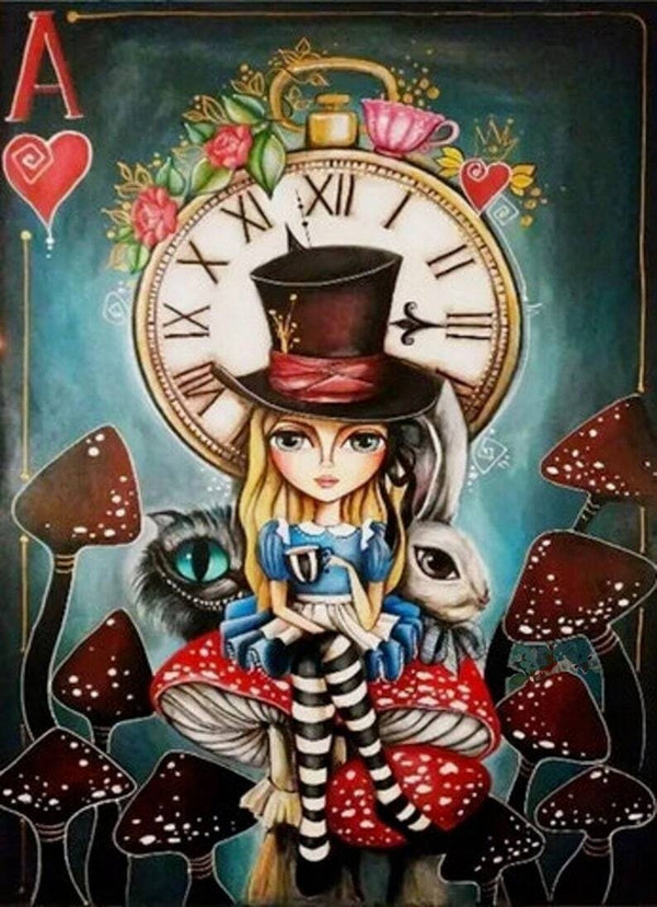 Alice in Hat Cat and Clock - AI Created Custom Artwork Gift - Digital Download Canvas Print Wall Art Poster, Junk Journal Cottage Core DIY Craft