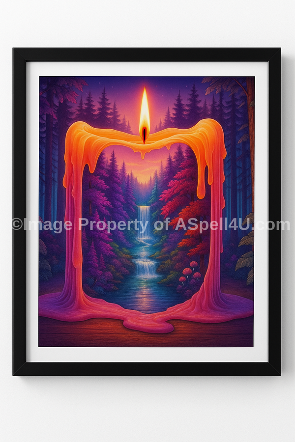 Enchanted Flame Portal – Surreal Candle Forest Landscape Wall Art Digital Download | Mystical Waterfall Fantasy Poster for Home Decor