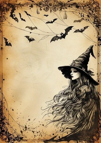 Vintage Digital Ephemera Paper AI Created Wicca Witch Design - Digital Download Art Paper for Junk Journal Scrapbook Cottage Core DIY Craft