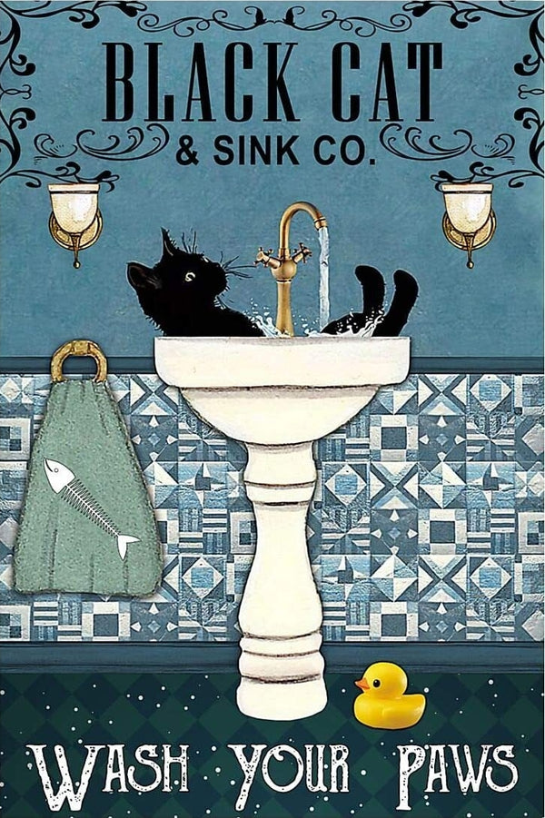 Black Cat Sink Co Wash Your Paws - Create Your Own Art - Digital Download Custom Wall Print - Retro Vintage Style DIY Art - Gift for Friend