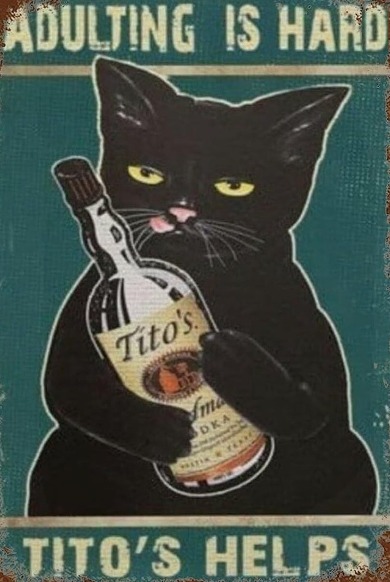 Black Cat Adulting Is Hard Tito's Helps Create Your Own Art High Res Digital Download - Custom AI Print - Retro Vintage Style Print Poster