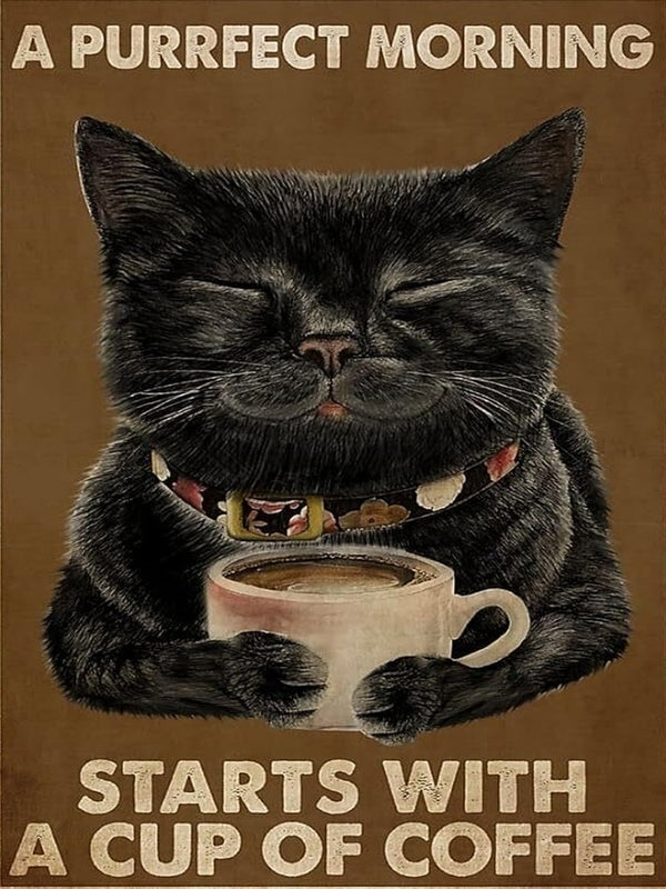 Black Cat Purrfect Cup of Morning Coffee Create Your Own Art High Res Digital Download - Custom AI Print - Retro Vintage Style Print Poster