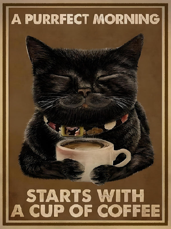 Black Cat Purrfect Cup of Morning Coffee Create Your Own Art High Res Digital Download - Custom AI Print - Retro Vintage Style Print Poster