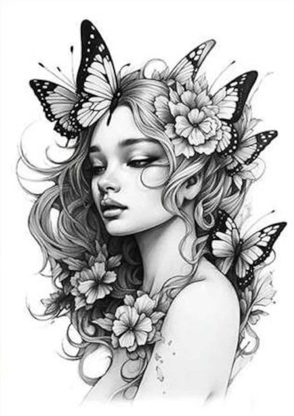 Woman Butterfly & Flower Printable Full Sleeve and Back Large Temporary Tattoo - Custom Digital Download Design - or Adult Coloring Page Art