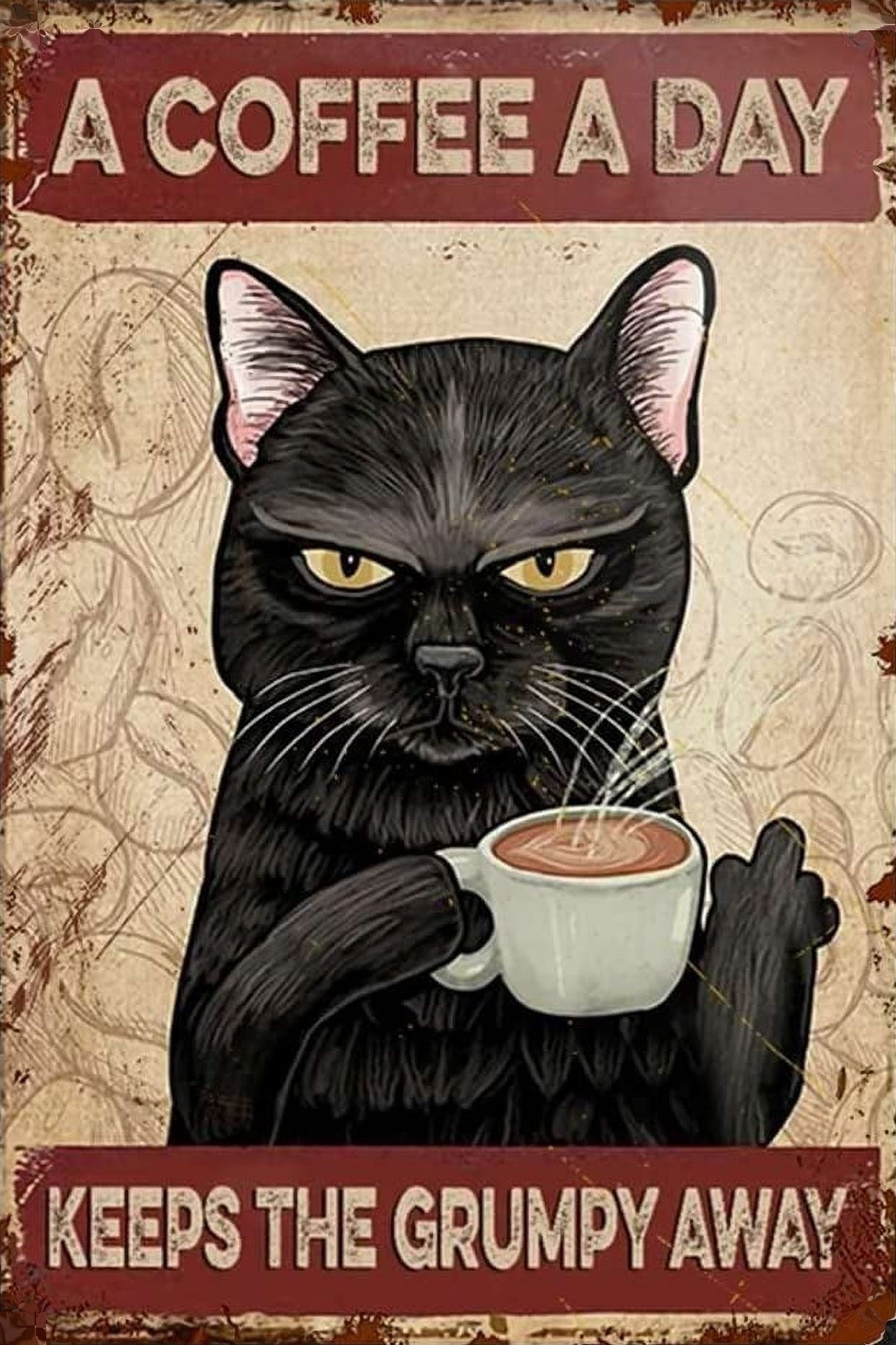 Black Cat A Coffee A Day Keeps the Grumpy Away - Digital Download Custom Wall Print - Retro Vintage Style DIY Art - Gift for Friend