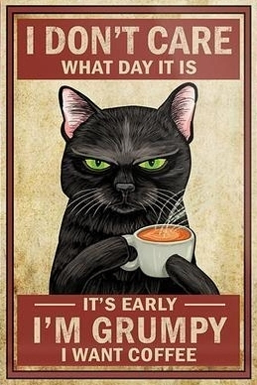 Black Cat - Don't Care - Grumpy - Want Coffee - Digital Download Custom Wall Print - Retro Vintage Style DIY Art - Gift for Friend