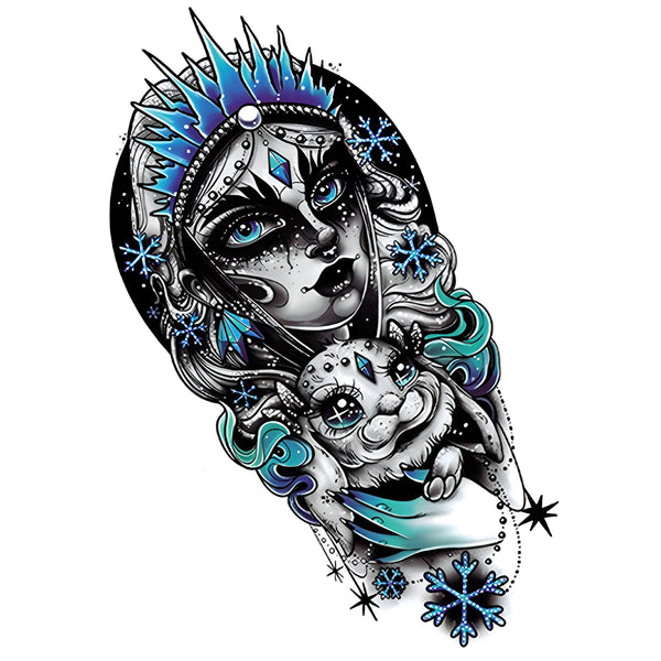 Ice Queen Snow Goddess Temporary Tattoo with Crown and Magical Rabbit Winter Fantasy Woman Sleeve Design for DIY Crafts or Fake Tattoo Digital Download
