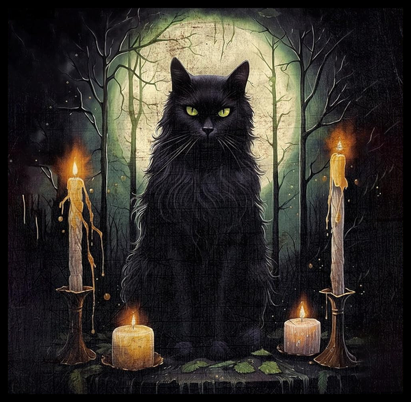 Black Cat With Candles Full Moon Wicca Art - AI Created Transparent Background High Res - Digital Download Cottage Core DIY Craft Supply