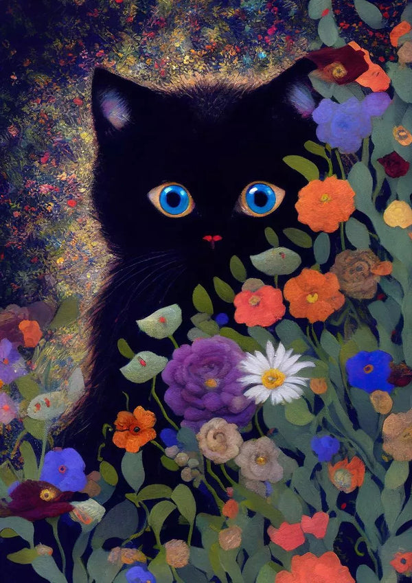  Magical Black Cat printable Monet Style Black Cat Floral Art Poster Cottagecore Fairycore Home Wall Art Poster Print Floral Illustration