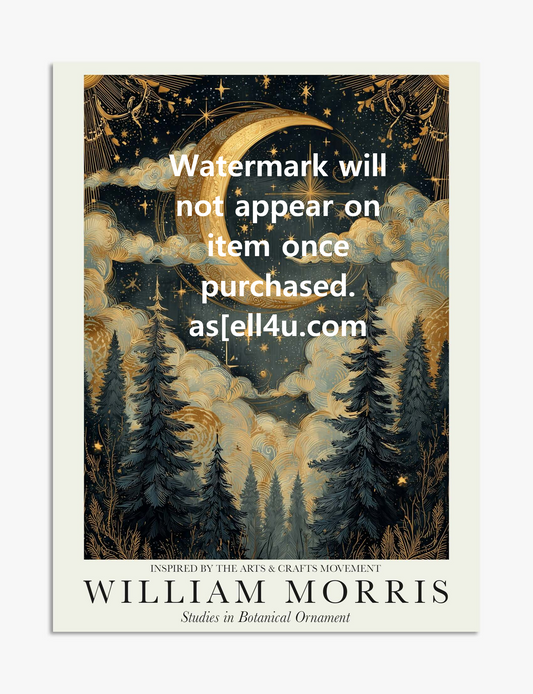 William Morris Moonlit Woods Crescent Moon Forest Scene Vintage Botanical Art Print