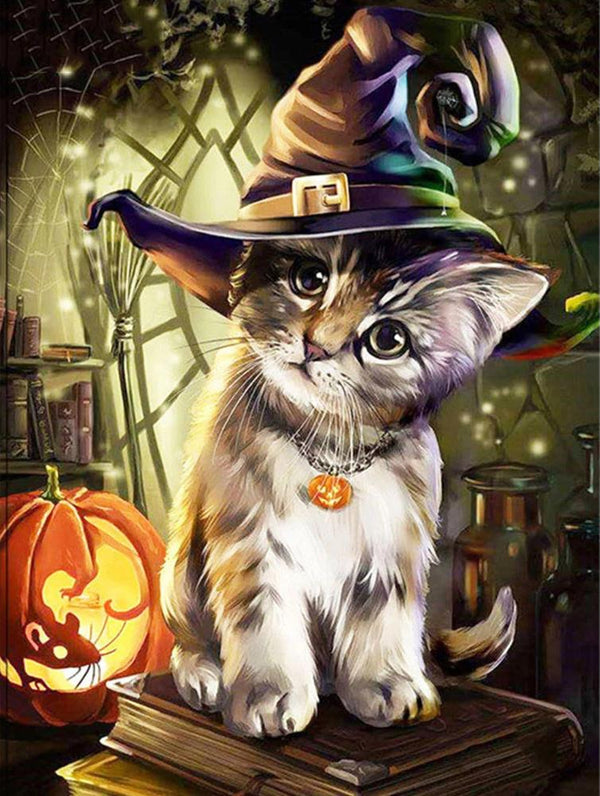 Kitten in A Witch Hat with Halloween Pumpkin - High Resolution Versatile Digital Art Instant Download Fairycore, Cottagecore, DIY Crafts