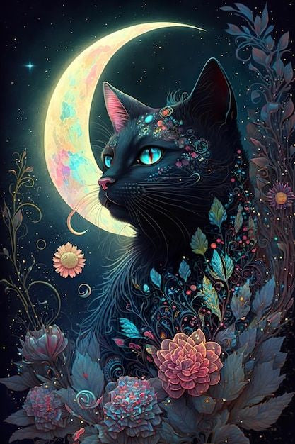 Painted Black Cat Glowing Crescent Moon - High Resolution Versatile Digital Art piece! This versatile design can be used in a variety of ways to enhance your home decor or craft projects.