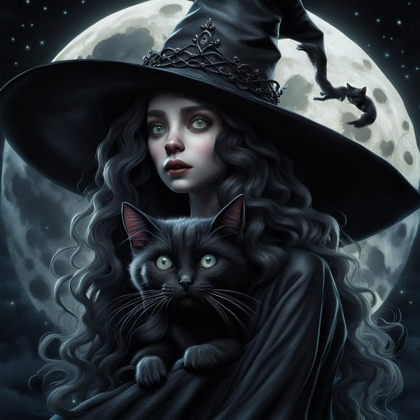 Witch Dressed in Black Full Moon Familiar Cat-- High Resolution Versatile Digital Art piece! This versatile design can be used in a variety of ways to enhance your home decor or craft projects.