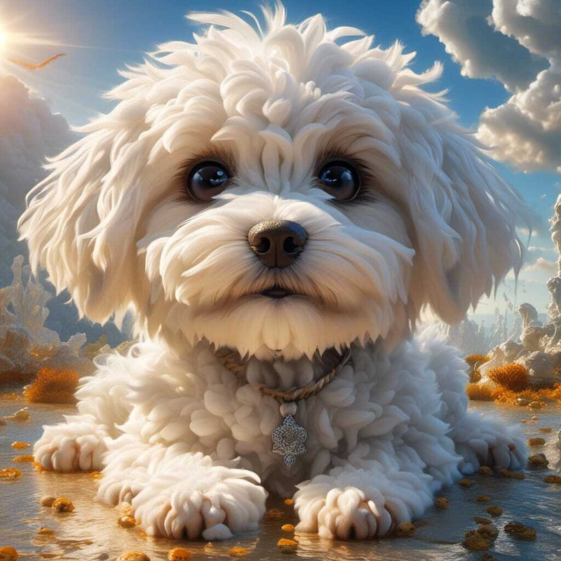 Sad White Puppy Laying on Beach - High Resolution Versatile Digital Art piece! This versatile design can be used in a variety of ways to enhance your home decor or craft projects.