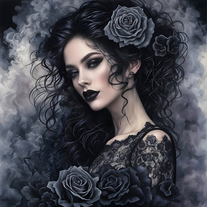 Dark Haired Beauty with Roses and Smoky Background AI-Generated Digital Download for Canvas Poster Wall Art DIY Crafts