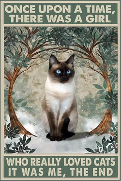 Siamese Cat Quote There Was A Girl Who Really Loved Cat It Was Me The End High Resolution Digital Custom AI Designed Retro Vintage Style Art