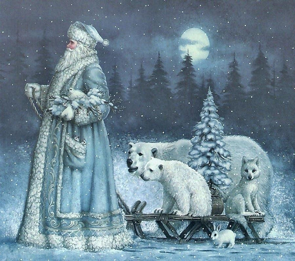 Old Man Christmas and Forest Animals 4 AI Enhanced Digital Art Print Download – Vintage Holiday Santa Claus Illustration 1 Woodland Creatures