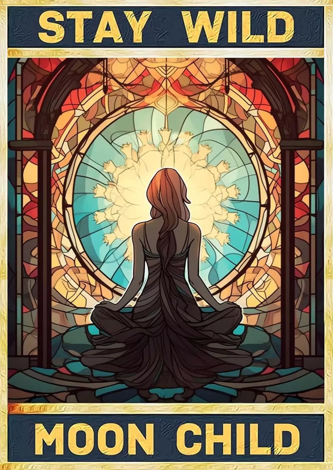 Stay Wild Moon Child Stained Glass Window Yoga Wicca Coven Halloween - High Resolution Digital Custom AI Designed Retro Vintage Style Art