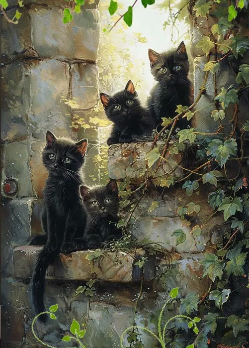 Four Black Kittens at Play - Hand Crafted One of A Kind - Digital Download Art Poster, Canvas Print, Wall Art, Cottage Core, DIY Gift