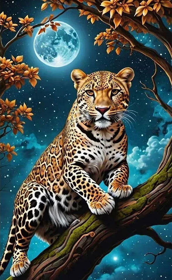 Cheetah Cat Under Full Moon - Hand Crafted One of A Kind - Digital Download Art Poster, Canvas Print, Wall Art, Cottage Core, DIY Art Gift