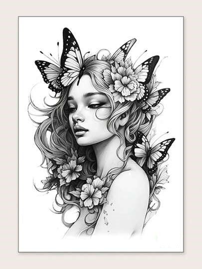 Printable Woman Butterfly & Flower Pattern Large Temporary Tattoo - Custom Digital Download Design - DIY Your Own Canvas Wall Art Poster etc