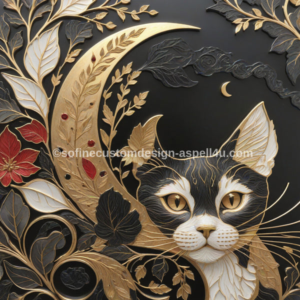 Gold Crescent Moon Kitten AI Created One of a Kind Digital Download Canvas Poster Wall Art DIY Printable DIY Craft Supply