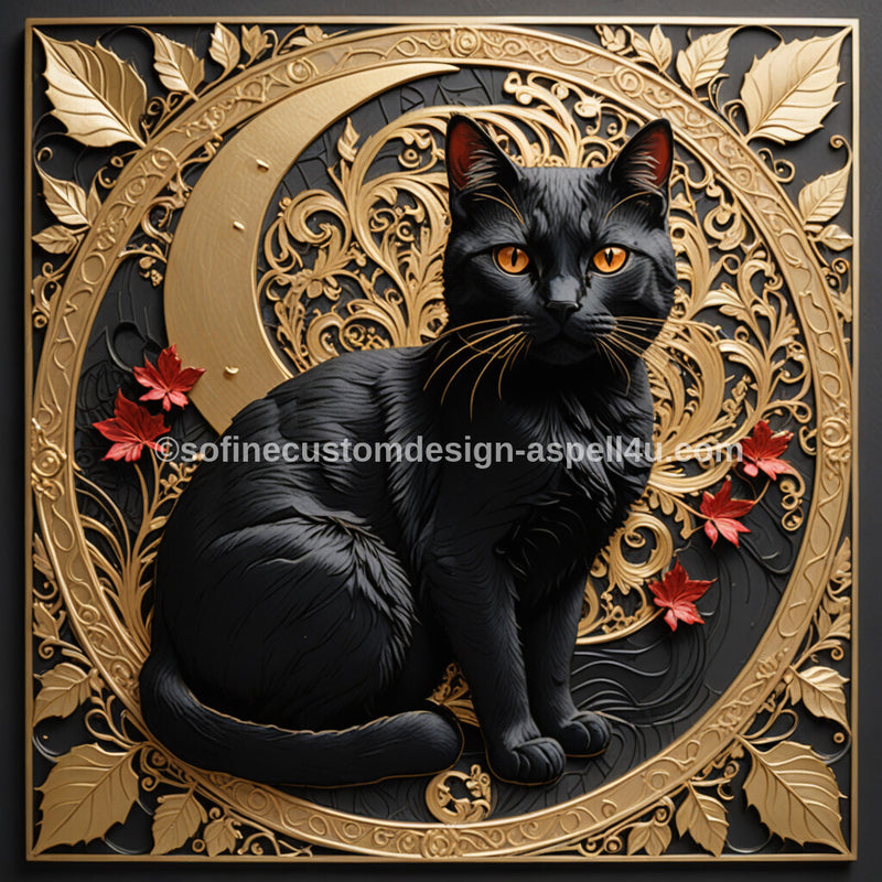 Gold Crescent Moon Black Cat AI Created One of a Kind Digital Download Canvas Poster Wall Art DIY Printable DIY Craft Supply