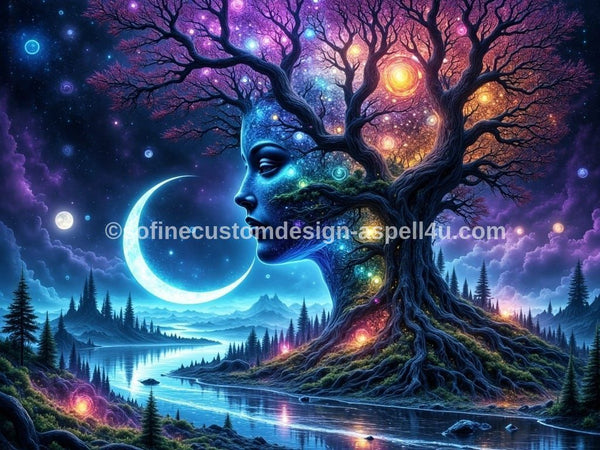 Tree Faces Off the Night Sky in Vivid Color AI Created One of a Kind Digital Download Canvas Poster Wall Art DIY Printable DIY Craft Supply