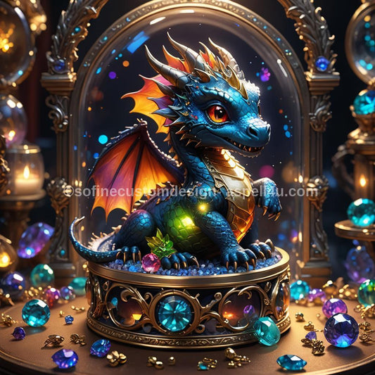 Baby Dragon sitting on Jewelry Box - Digital Download - Canvas Poster - One of A Kind Print - Custom Made AI Designed