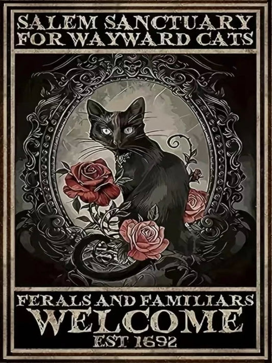 Mystical Black Salem Sanctuary for Wayward Cats  - Digital Download - Canvas Poster - Retro Rust Style Cottage Core - DIY Fairy Core Wall Art - Digital Download - Canvas Poster - One of A Kind Print - Custom Made AI Assisted Designed
