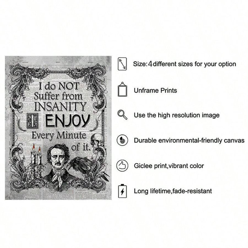 Abstract Poe Insanity Quote Art Vintage Gothic Halloween Themed Newspaper Print Unique Hand Crafted One of A Kind Custom Canvas Wall Decor