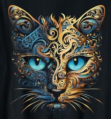 Gold Patterned Cats on Black Sky - Printable AI Created Hand Crafted One of A Kind - Digital Download Wall Art Print Cottage Core DIY Gift