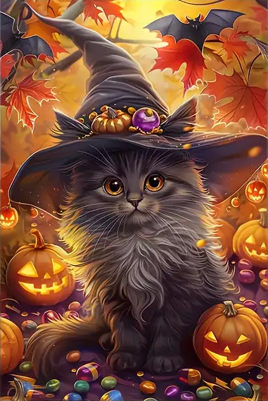 Witch Kitten Halloween Card Art AI Created Wicca Witch Design - Digital Download Art Paper for Junk Journal Scrapbook Cottage Core DIY Cards