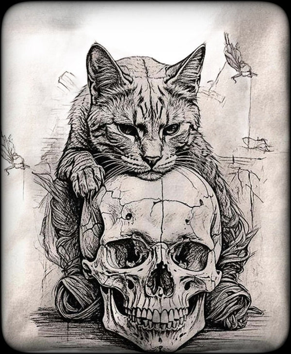 Ink Sketch Black and Gray Tabby with Skull - AI Created One of a Kind Digital Download Canvas Poster Wall Art DIY Printable DIY Craft Supply