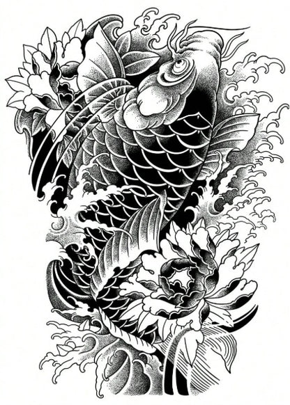 Koi Ascension – Full Back Japanese Tattoo Design | Blackwork Koi Fish with Peonies Waves | Printable Irezumi Tattoo Flash Download Artwork