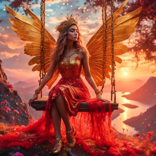 The Red Fairy Sitting on Swing - Hand Crafted One of A Kind - Digital Download Art Poster, Canvas Print, Wall Art, Cottage Core, DIY Gift