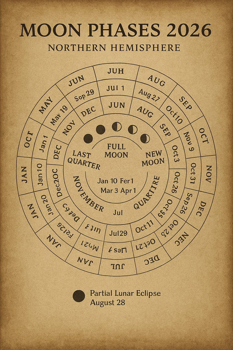 Moon Phases 2026 Calendar Northern Hemisphere Printable Lunar Cycle Chart with Full Moon Dates Witchy Astrology Grimoire Digital Wall Art