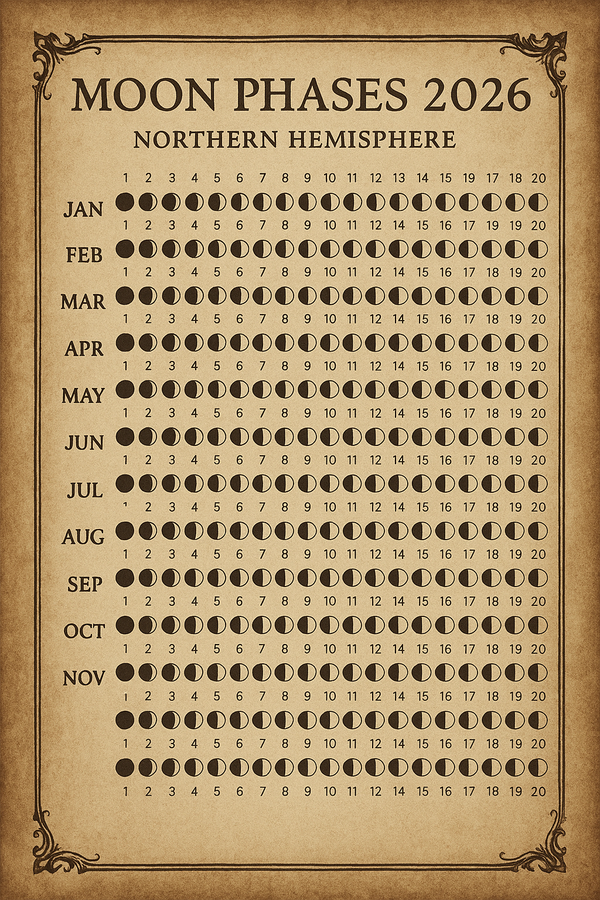 Moon Phases 2026 Calendar Northern Hemisphere Printable Lunar Cycle Chart with Full Moon Dates Witchy Astrology Grimoire Digital Wall Art