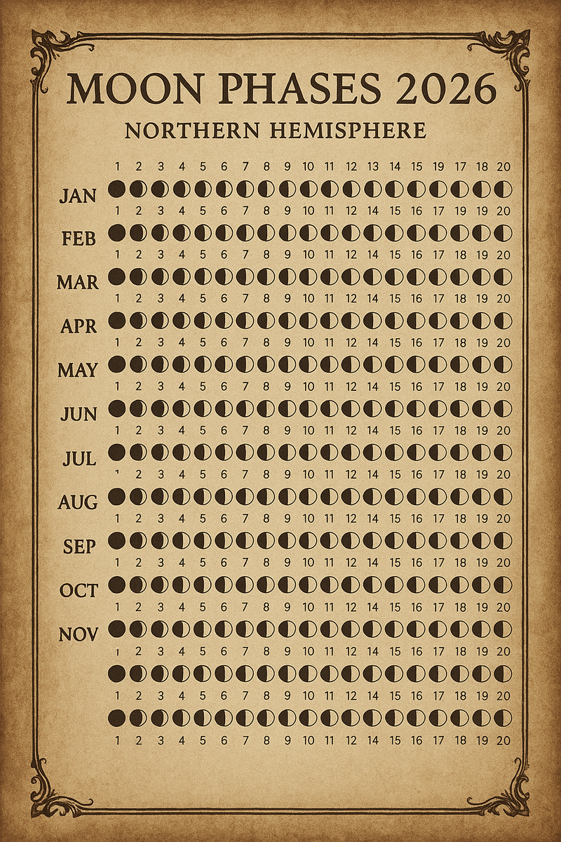 Moon Phases 2026 Calendar Northern Hemisphere Printable Lunar Cycle Chart with Full Moon Dates Witchy Astrology Grimoire Digital Wall Art