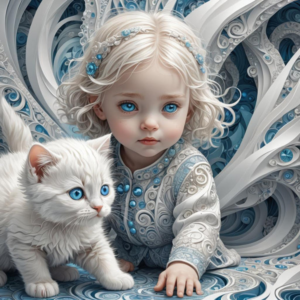 Blue Eyed Angel Child Hugging Her Favorite Kitten - High Resolution Versatile Digital Art Instant Download Fairycore Cottagecore DIY Crafts