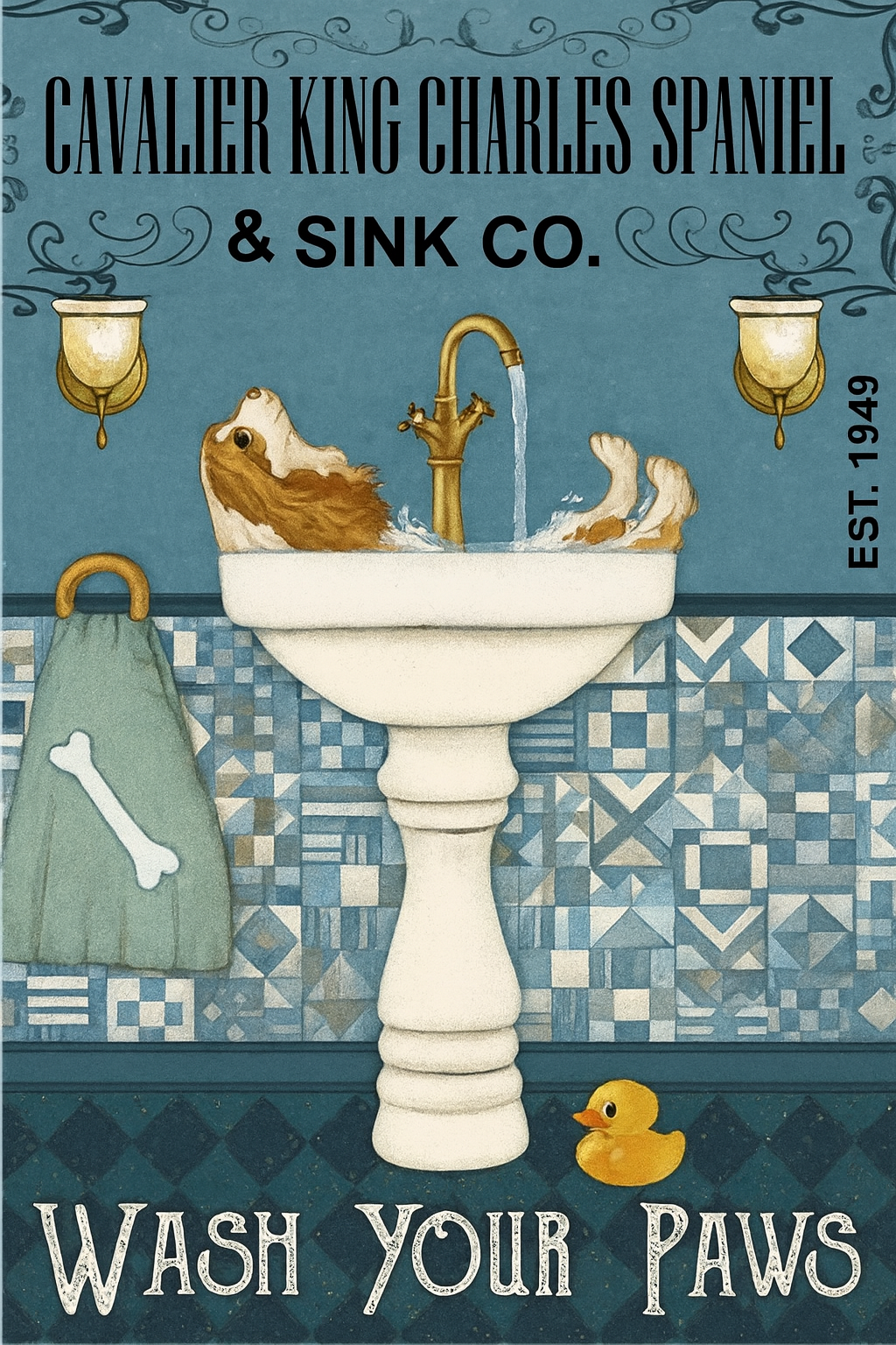 Cavalier King Charles Spaniel Retro Vintage Wash Your Paws Wall Art Dog Lover Print Digital Download
