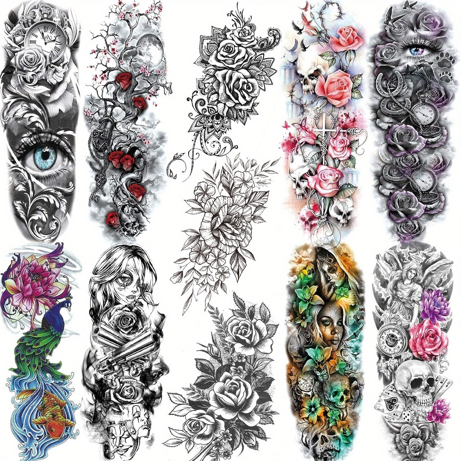 11 Sheets Large Vine Peony Flower Rose Full Arm Temporary Tattoos For Women Realistic Skull Skeleton Fake Temporary Tattoo Sleeves Stickers Waterproof Leg Makeup Floral Blossom Tattoos Paper Eye
